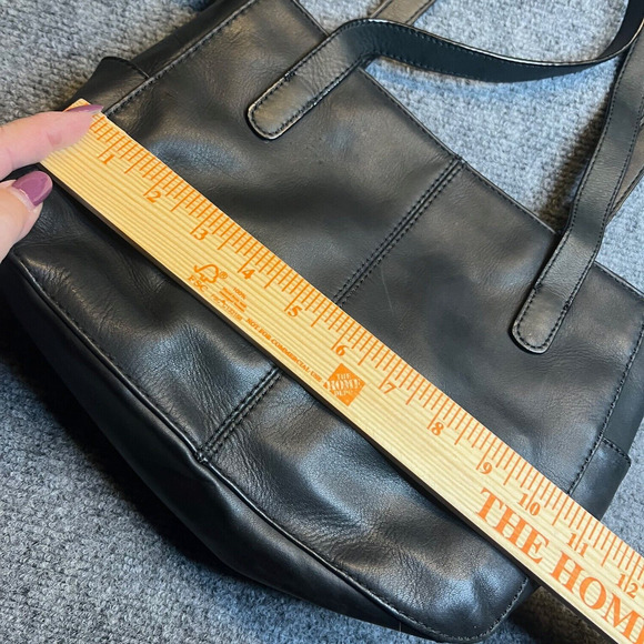 Leather Shoulder Handbag Black Small Double Handles Side Pockets Classic Casual - Picture 2 of 5